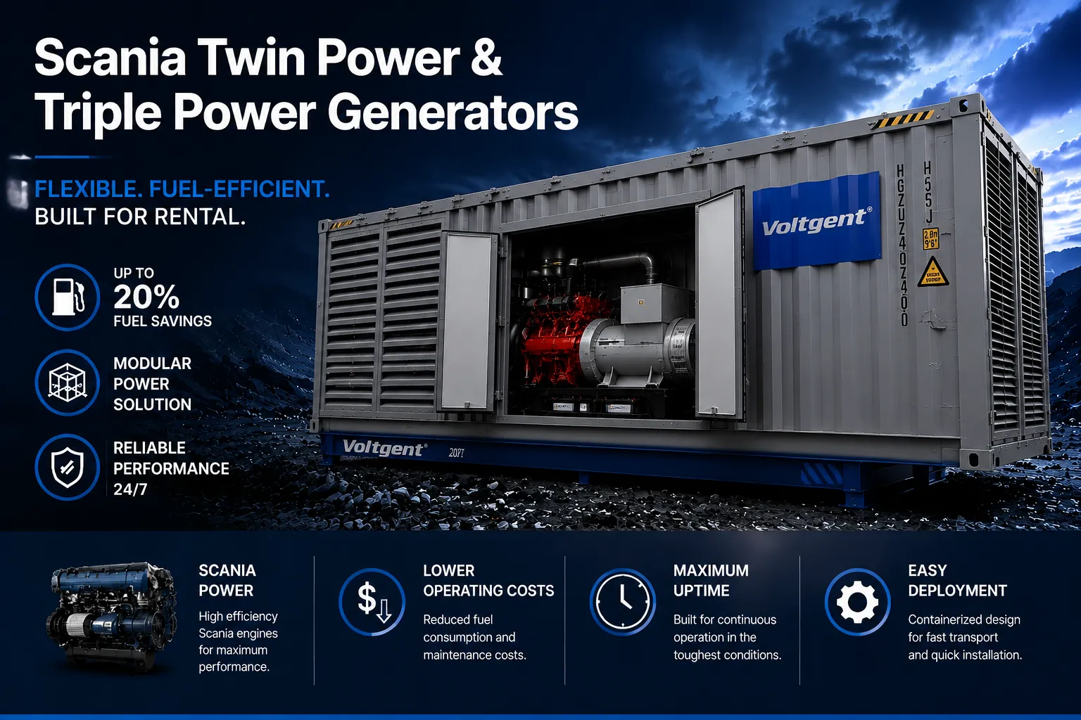 Scania Twin Power & Triple Power Generators | Fuel-Efficient Rental Power Solutions